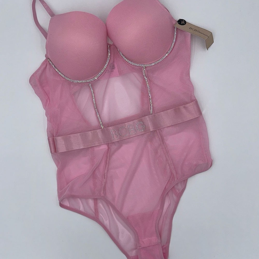 BCBGMAXAZRIA Bling Pink Sheer Bodysuit Rhinestone Details
